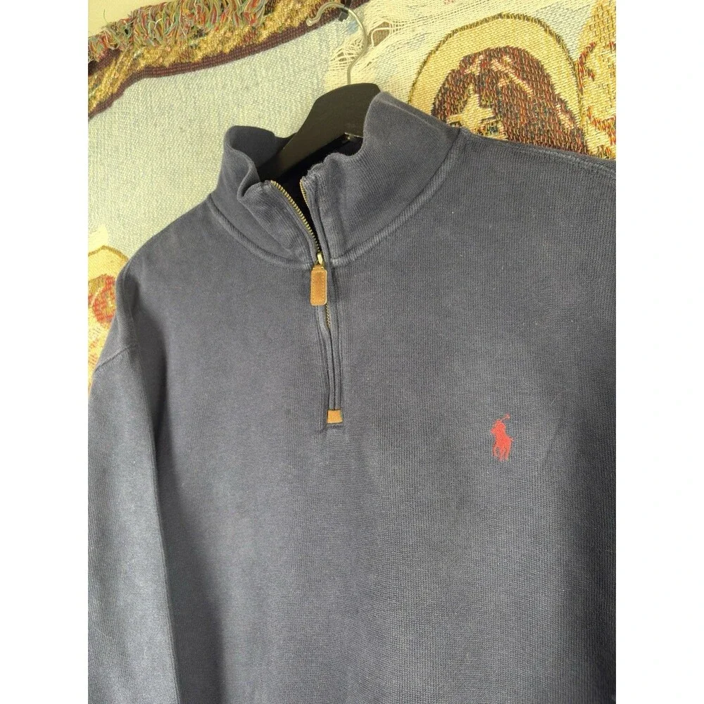 Polo Ralph Lauren Sweater Mens XL Blue 1/4 Zip Pullover Pony Leather Tab Preppy